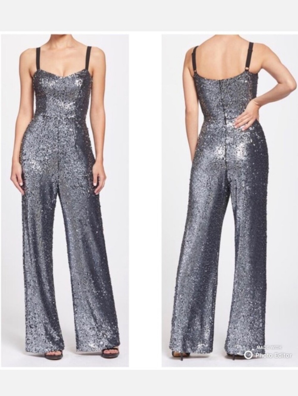 Dress the Population Victoria Silver Sequin Wide Leg Jumpsuit NWT Size XS